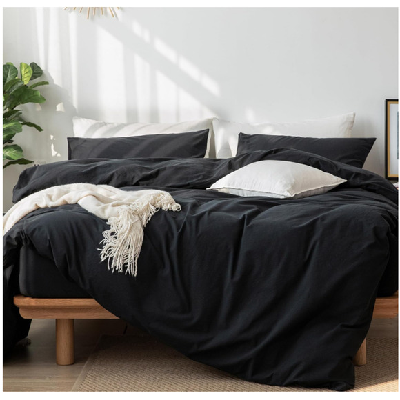 MooMee Bedding Duvet Cover Set 100% Washed Cotton Twill Linen Like Black Queen - Picture 1 of 7